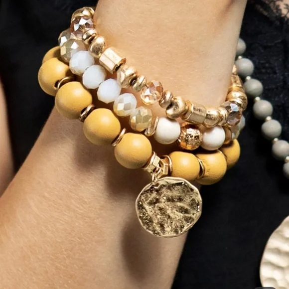 SOLD OUT Nude Gold Coin Mixed Bead Charm Stretch Triple Bracelet Set - Picture 2 of 3